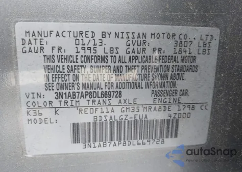 2013 Nissan Sentra Sl from USA, damaged, VIN 3N1AB7AP8DL669728